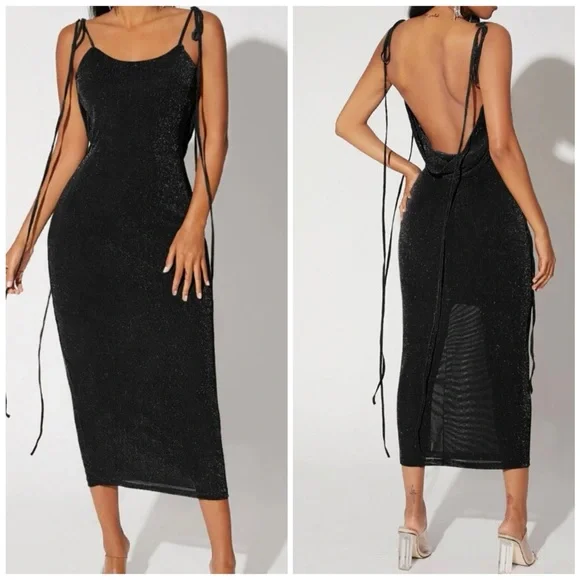 SHEIN | Dresses | Sexy Backless Black Drawstring Evening Dress | Poshmark